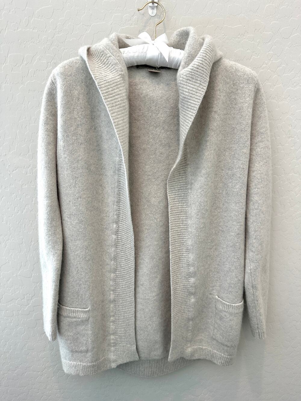 PLY CASHMERE 100% Cashmere Hooded Cardigan Open Front Gray Sweater | Small